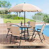 Patio dining set featuring a ripped tempered glass tabletop, beige fabric, and four folding armchairs for outdoor comfort.