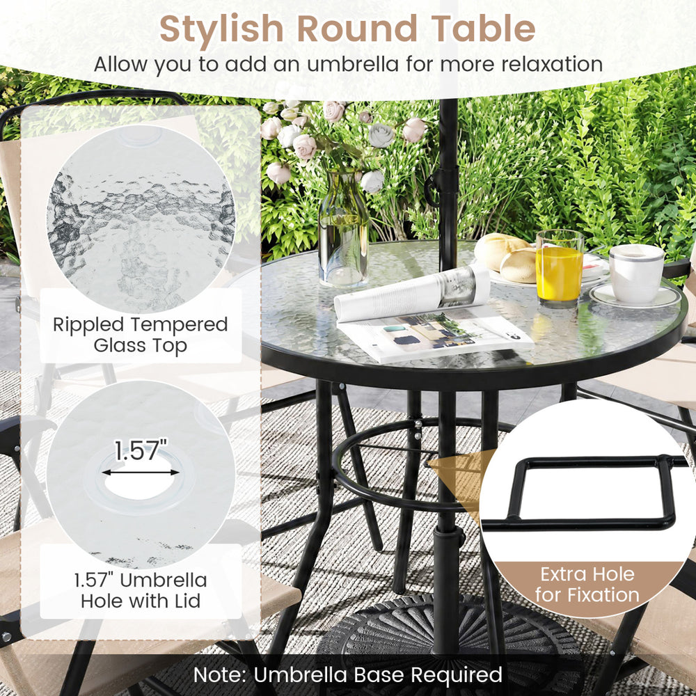 Stylish round table with a rippled tempered glass top and umbrella hole, perfect for patio dining and relaxation.