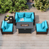 Overhead view of the turquoise 6-piece patio furniture set with PE rattan seating and 50,000 BTU gas fire pit table.