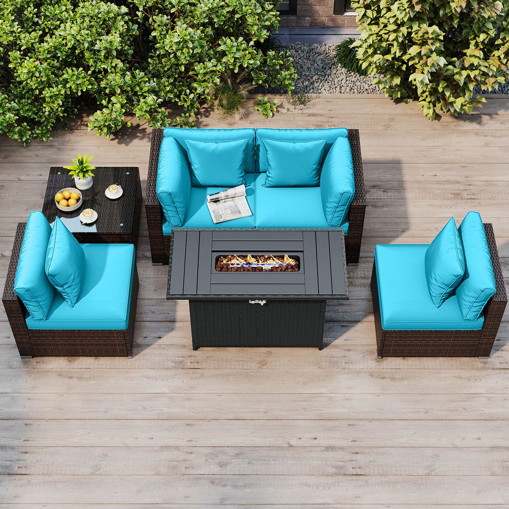Overhead view of the turquoise 6-piece patio furniture set with PE rattan seating and 50,000 BTU gas fire pit table.