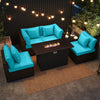 Turquoise six-piece patio furniture set with PE rattan cushions and 50,000 BTU gas fire pit coffee table.