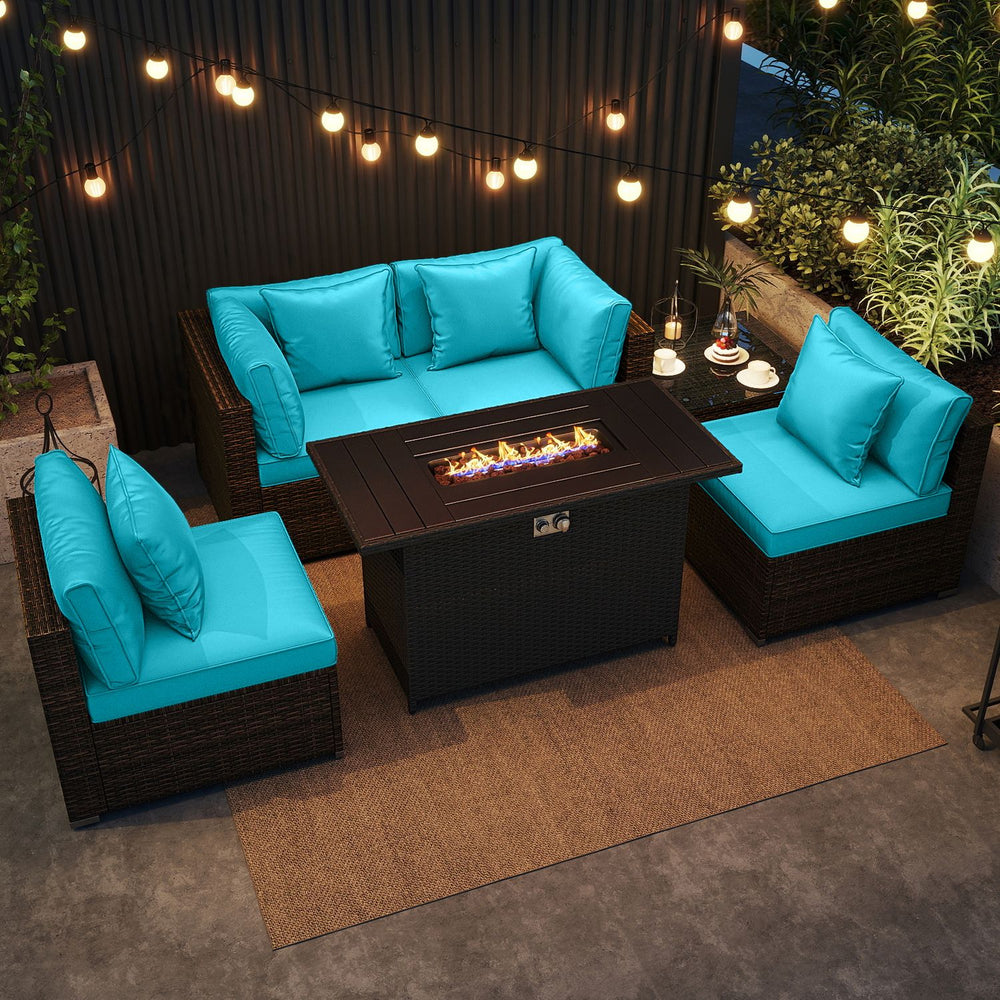 Turquoise six-piece patio furniture set with PE rattan cushions and 50,000 BTU gas fire pit coffee table.