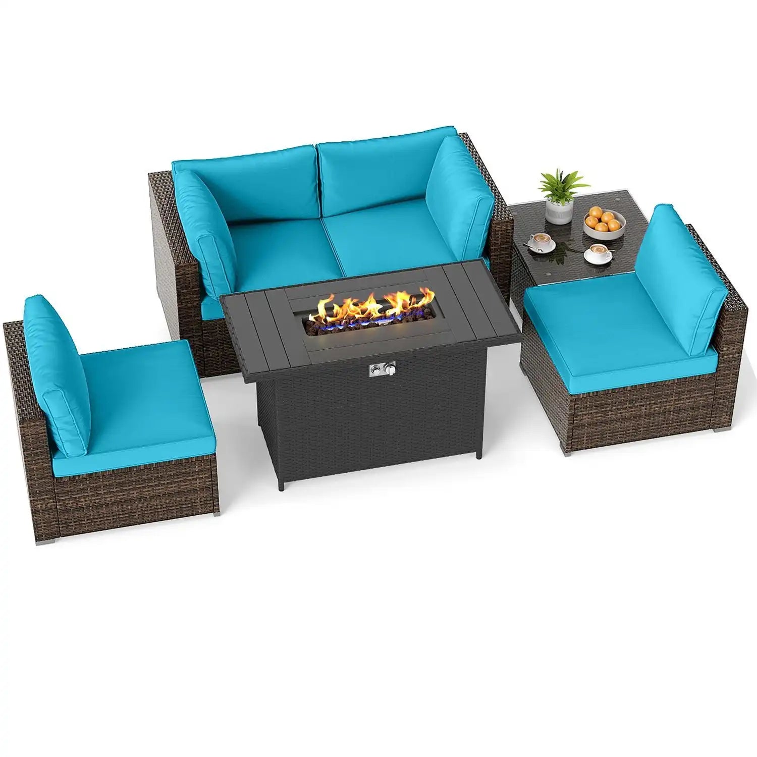 Costway 6-Piece Patio Furniture Set w/ 50,000 BTU Gas Fire Pit Table Cushions Garden 98177029 New