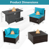 Product dimensions show a turquoise PE rattan patio set with cushions and a 50,000 BTU fire pit coffee table.