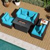 Turquoise 6-piece patio furniture set with PE rattan cushions and 50,000 BTU gas fire pit, overhead view on a patio.