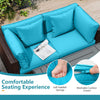 Turquoise patio furniture set with cushions, showing removable covers and soft padding for outdoor comfort.