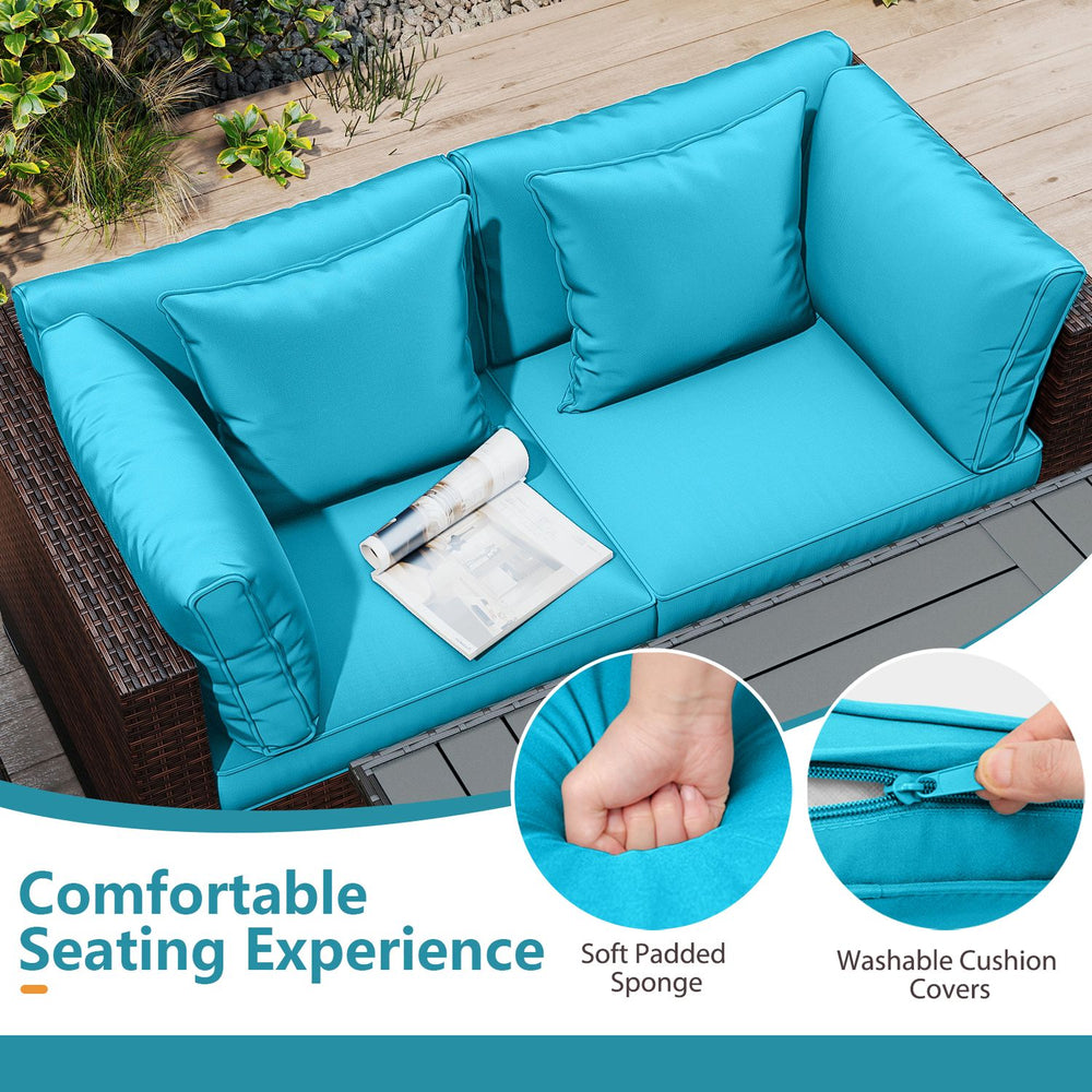 Turquoise patio furniture set with cushions, showing removable covers and soft padding for outdoor comfort.