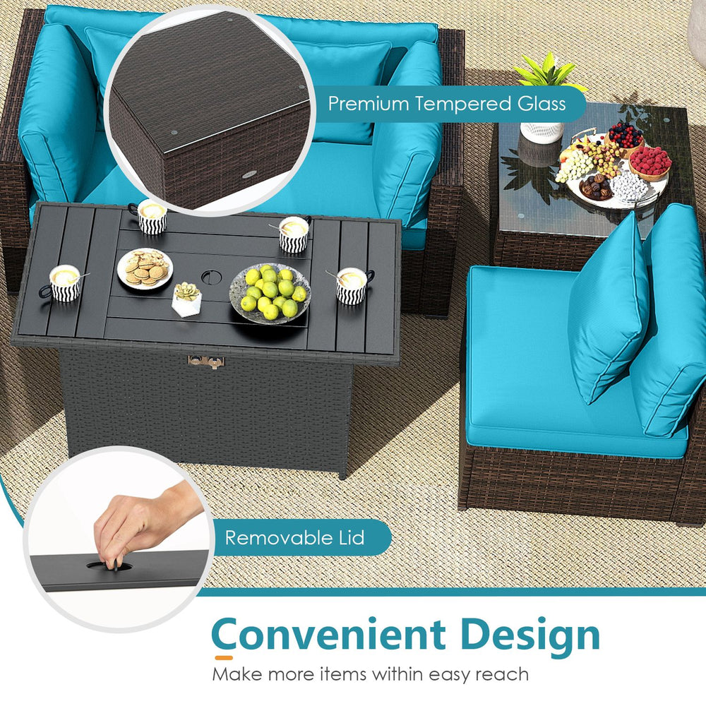 Turquoise patio furniture set with PE rattan seating and fire pit coffee table, shown from above in a garden setting.