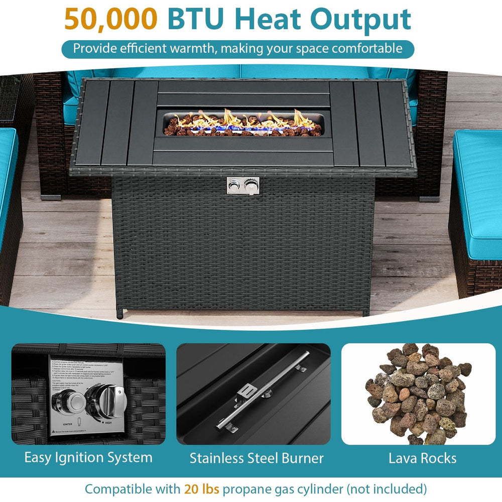 Gas fire pit coffee table in front view with lava rocks, 50,000 BTU heat output for patio relaxation.