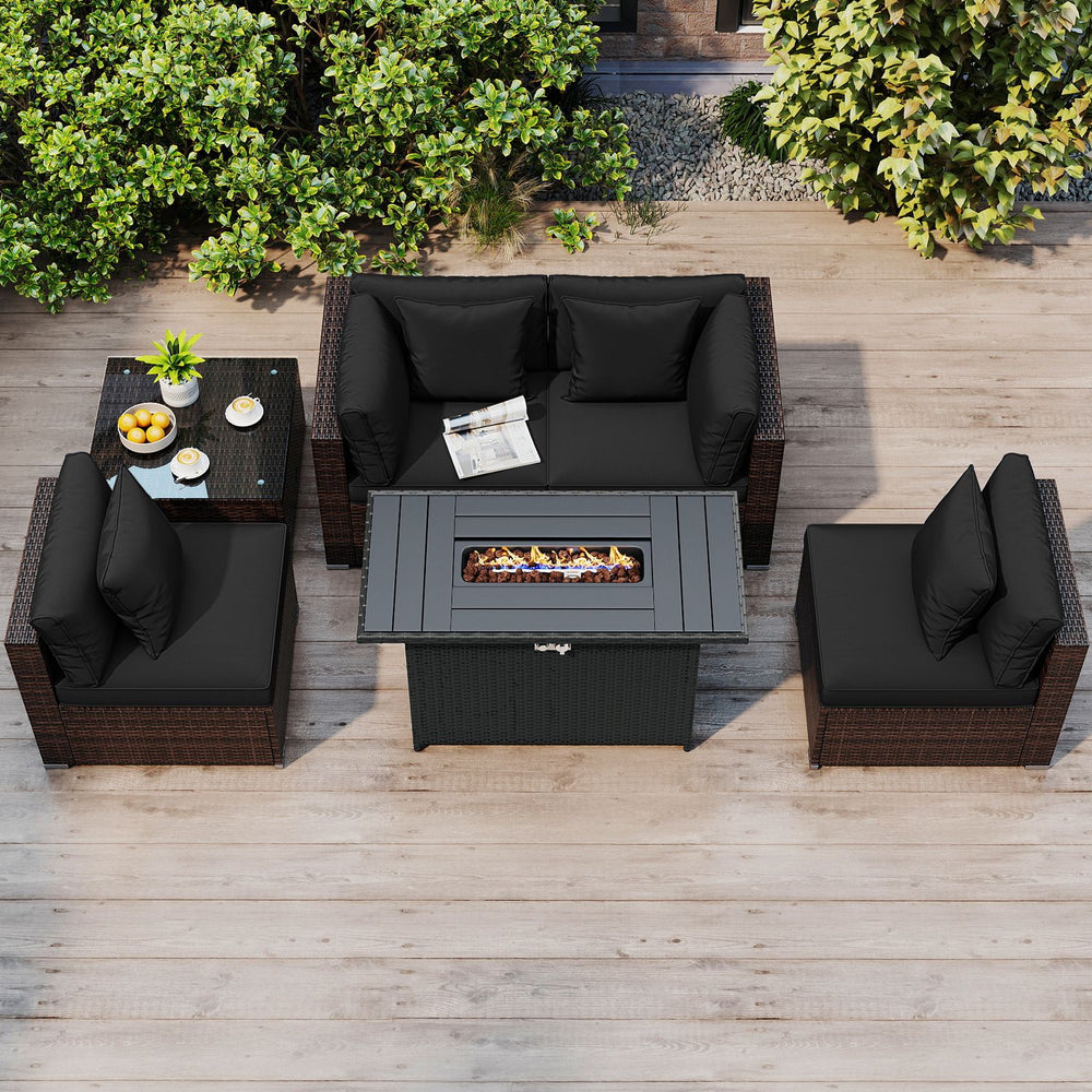 6 Pieces Patio Furniture Set with 50,000 BTU Gas Fire Pit Coffee Table and Cushions for Garden-Black - Gallery View 1 of 9