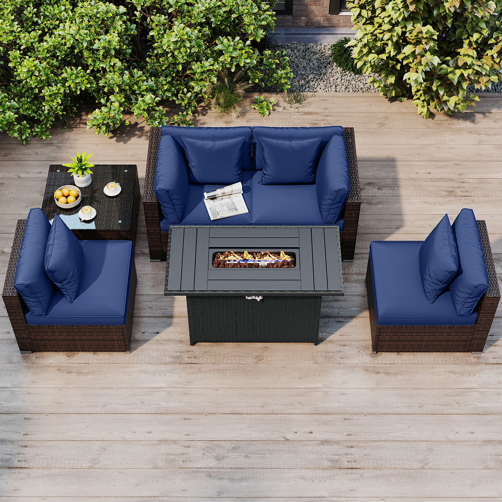 6 Pieces Patio Furniture Set with 50,000 BTU Gas Fire Pit Coffee Table and Cushions for Garden-Navy - Gallery View 1 of 10