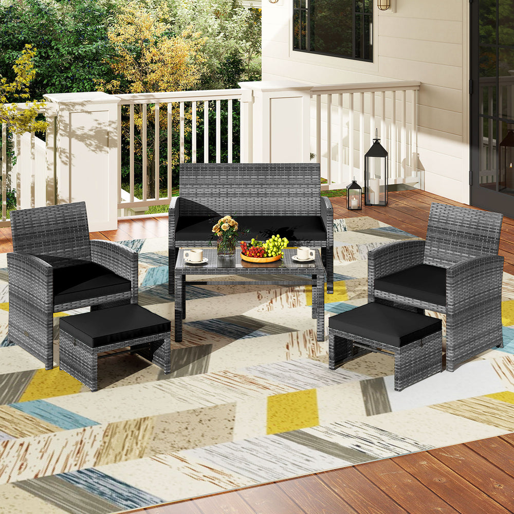 6-piece outdoor sectional conversation set featuring black PE rattan, soft cushions, and a rectangular coffee table for.