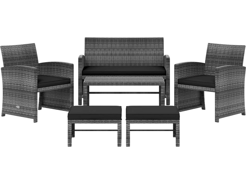 6-piece patio furniture set featuring a black PE rattan sofa, two chairs, and two ottomans for outdoor relaxation.