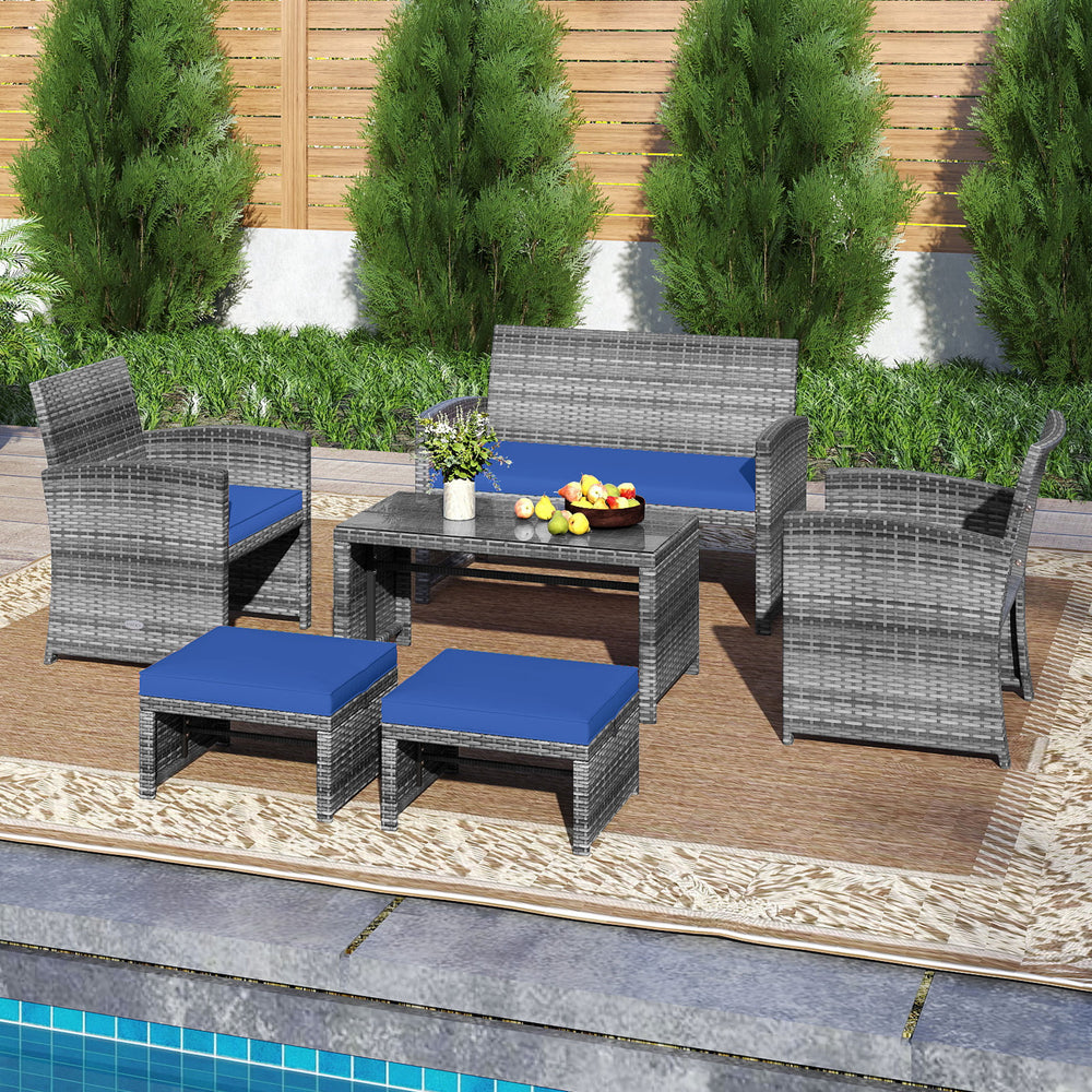 6 Pieces Patio Furniture Set Outdoor Sectional Conversation PE Rattan Sofa Set-Navy - Gallery View 1 of 6