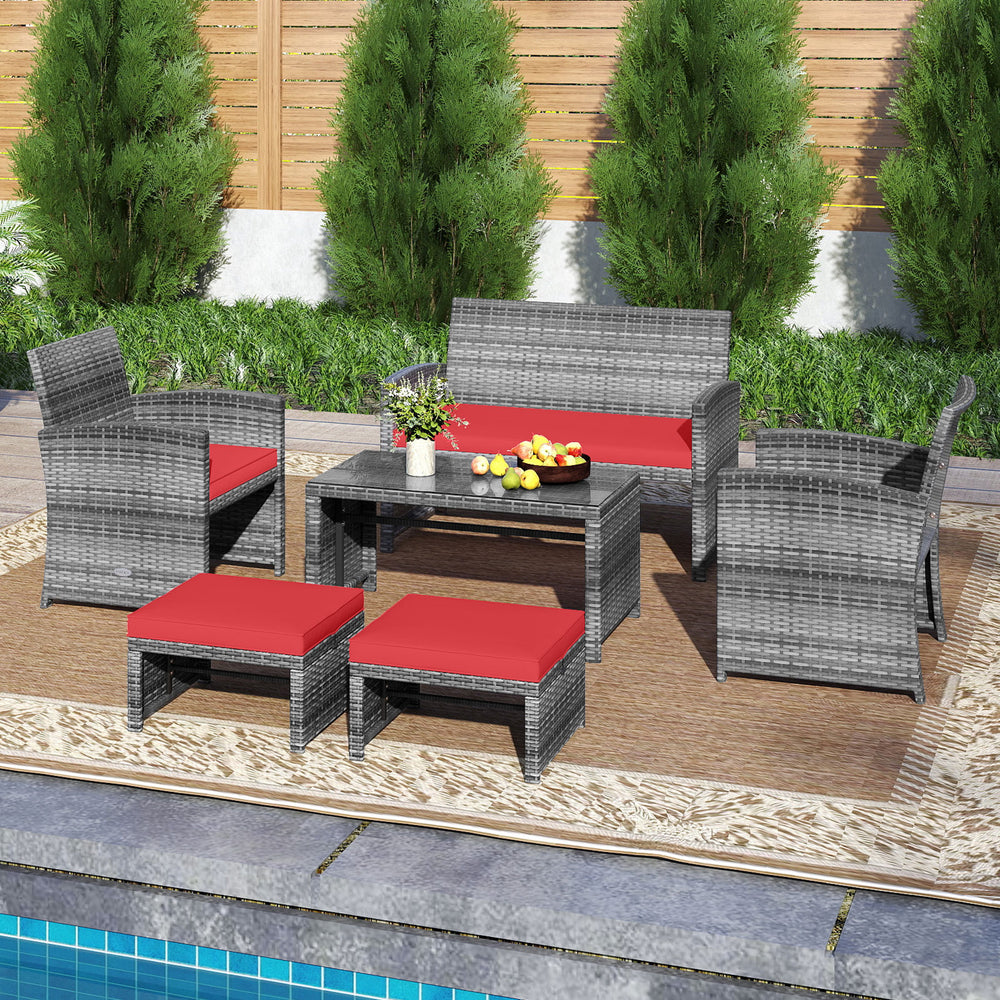 6 Pieces Patio Furniture Set Outdoor Sectional Conversation PE Rattan Sofa Set-Red - Gallery View 1 of 6
