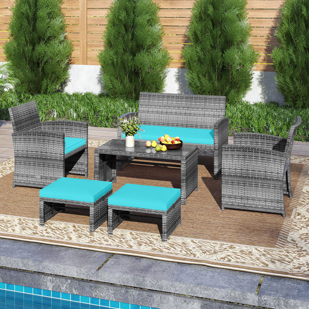 6 Pieces Patio Furniture Set Outdoor Sectional Conversation PE Rattan Sofa Set-Turquoise - Gallery View 1 of 6
