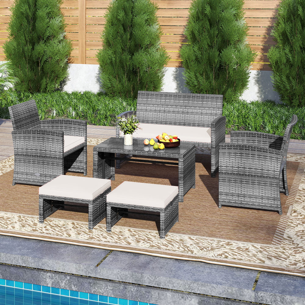 6 Pieces Patio Furniture Set Outdoor Sectional Conversation PE Rattan Sofa Set-White - Gallery View 1 of 6