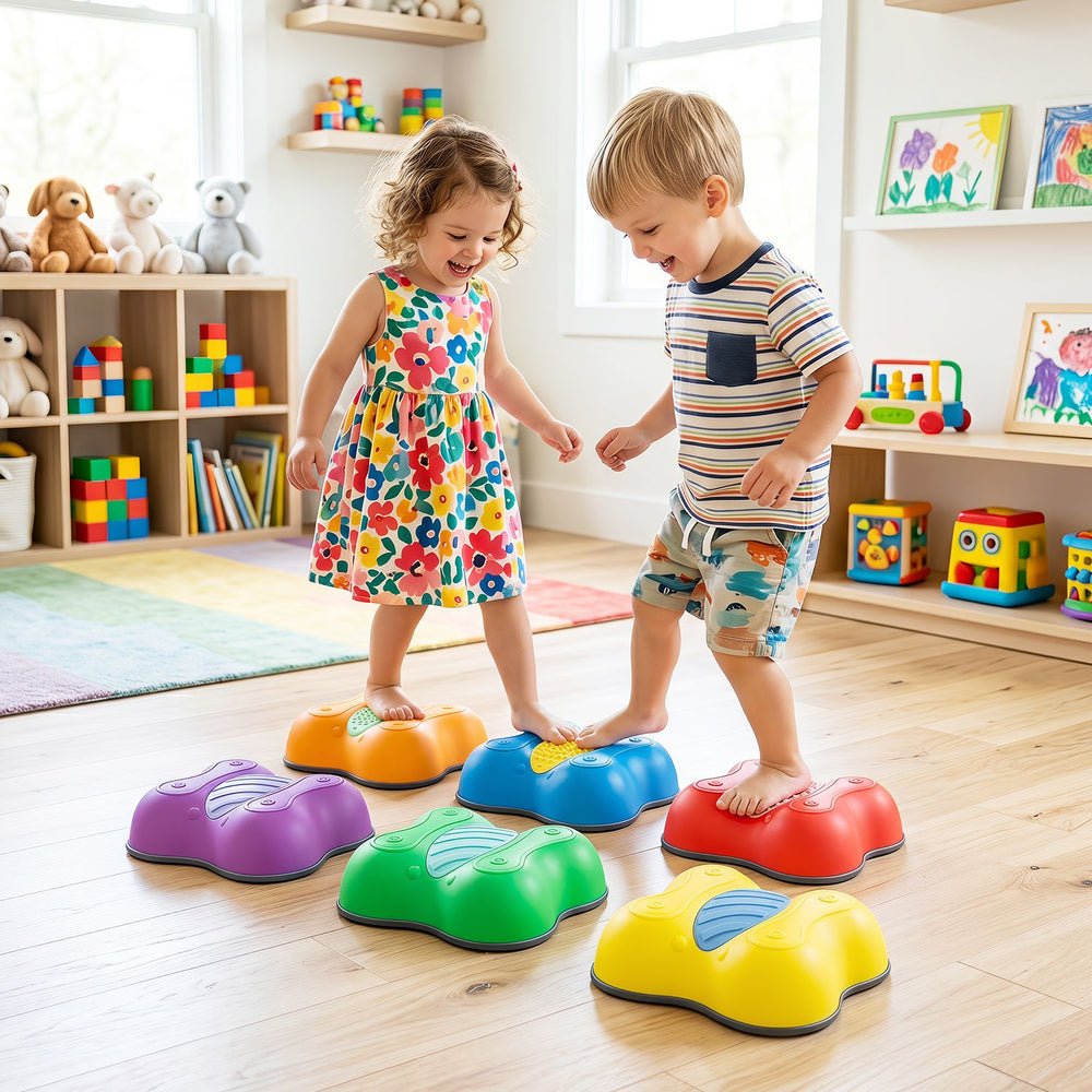 Colorful 6-piece stepping stones with butterfly designs promote active play and fine motor skills for kids aged 3 and up.