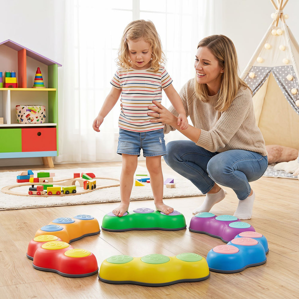 Colorful 6-piece stepping stones for kids feature a peanut theme, promoting safe play and fine motor skill development.