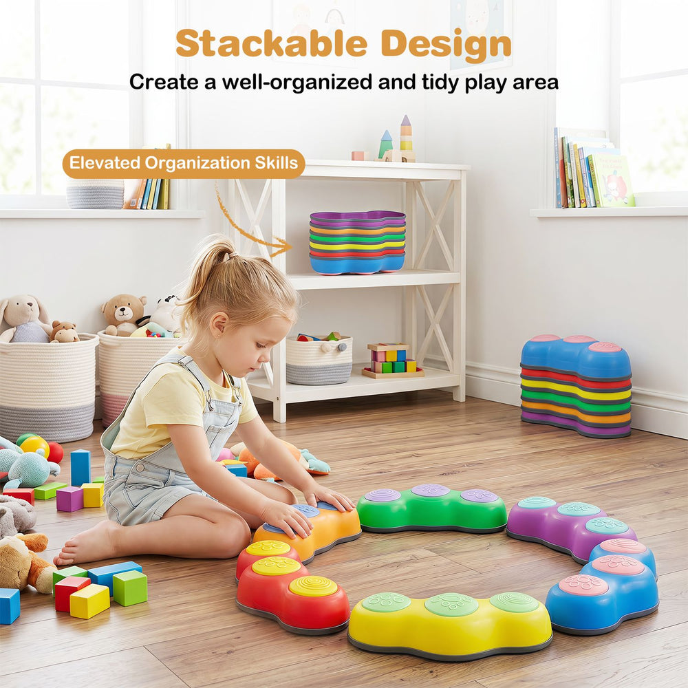 Colorful 6-piece stepping stones with peanut theme promote fine motor skills and safe play for kids aged 3 and up.