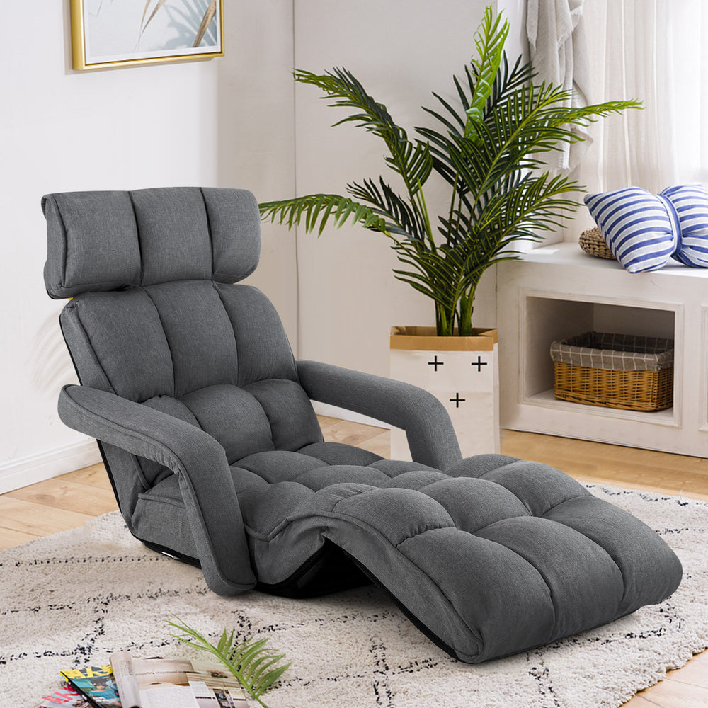 6-Position Adjustable Floor Chair with Adjustable Armrests and Footrest-Dark Gray - Gallery View 1 of 10