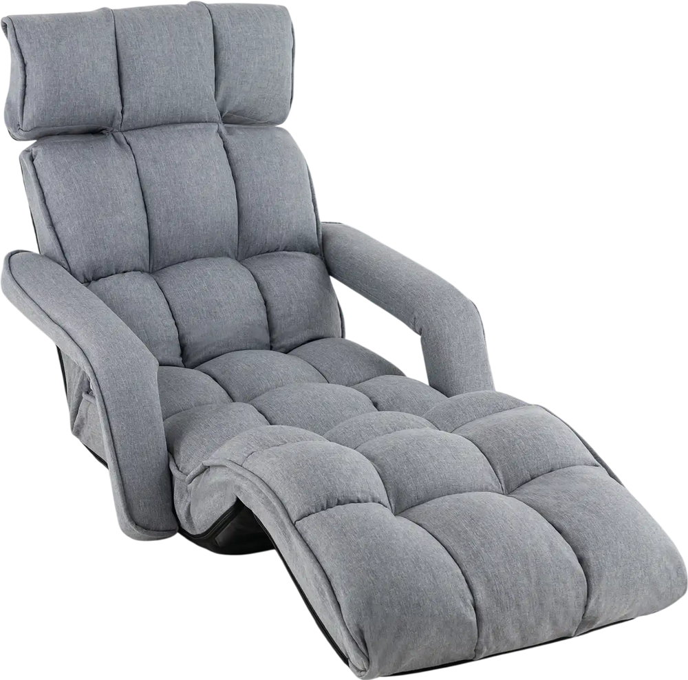 Adjustable gray floor chair with armrests and footrest, featuring a modern design for versatile use in any room.
