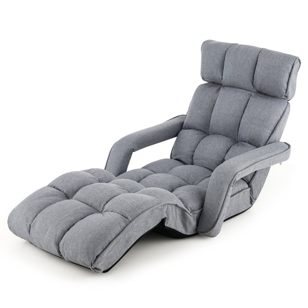 Gray adjustable floor chair with plush cushioning and separate headrest for optimal comfort in any living space.