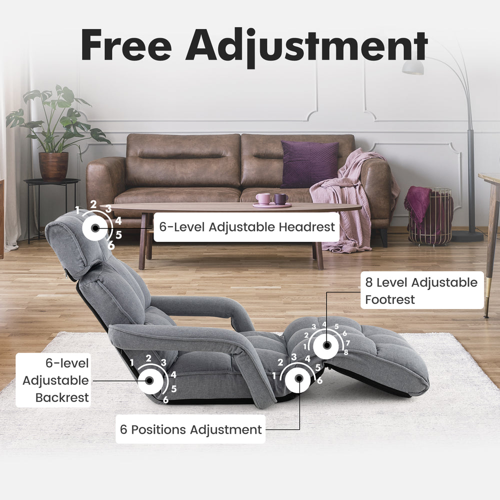 Adjustable floor chair in gray with 6-position headrest, 8-position footrest, and folding design for versatile use.