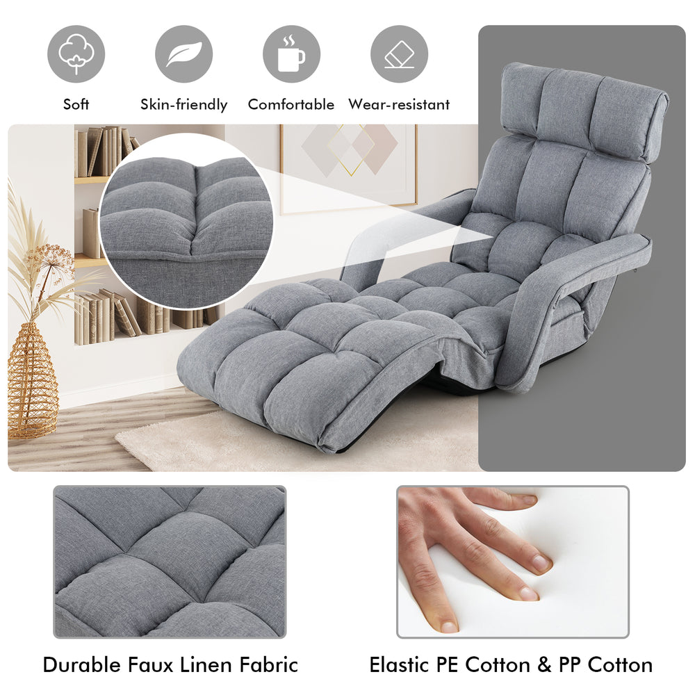 Adjustable gray floor chair with armrests and footrest, featuring durable faux linen fabric for comfort and versatility.