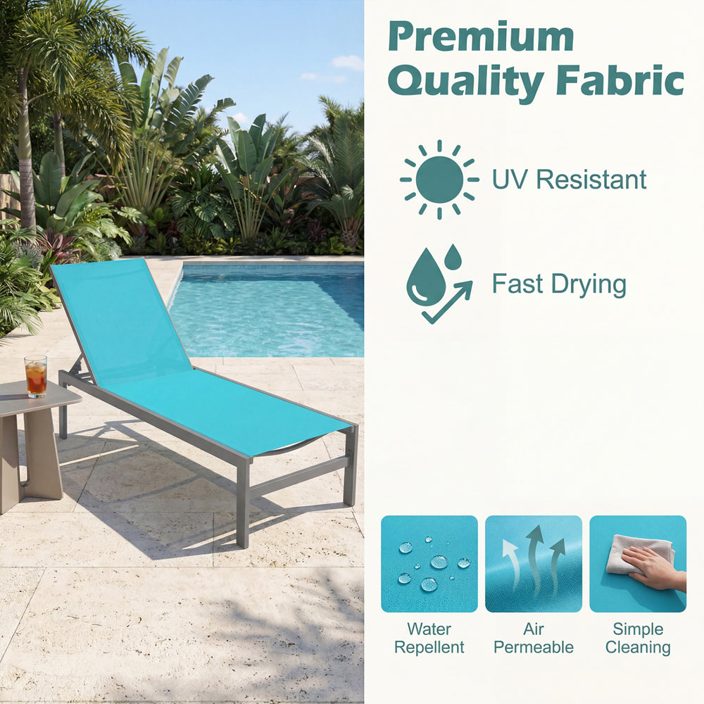 Turquoise chaise lounge chair with adjustable recline and rustproof aluminium frame, designed for outdoor comfort and.