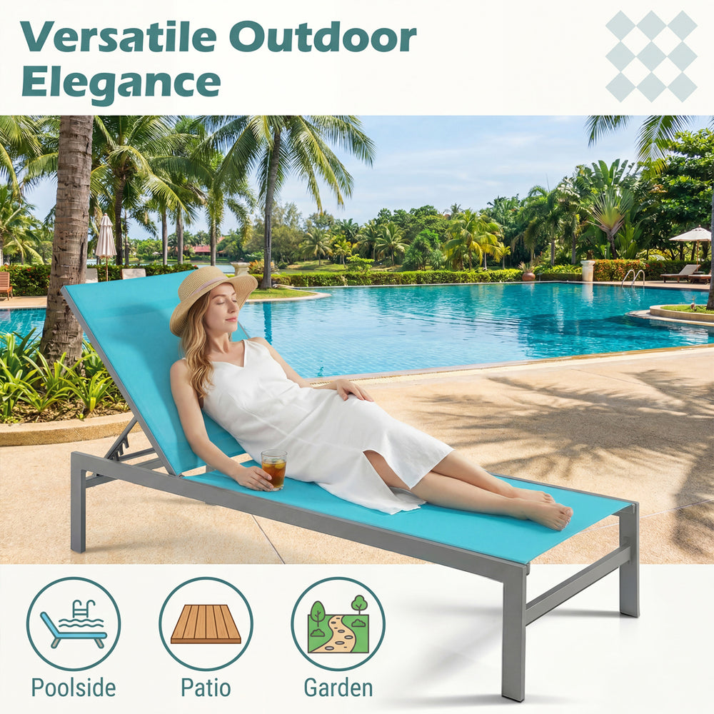 Turquoise 6-position chaise lounge chair with rustproof aluminium frame, perfect for poolside relaxation in the garden.