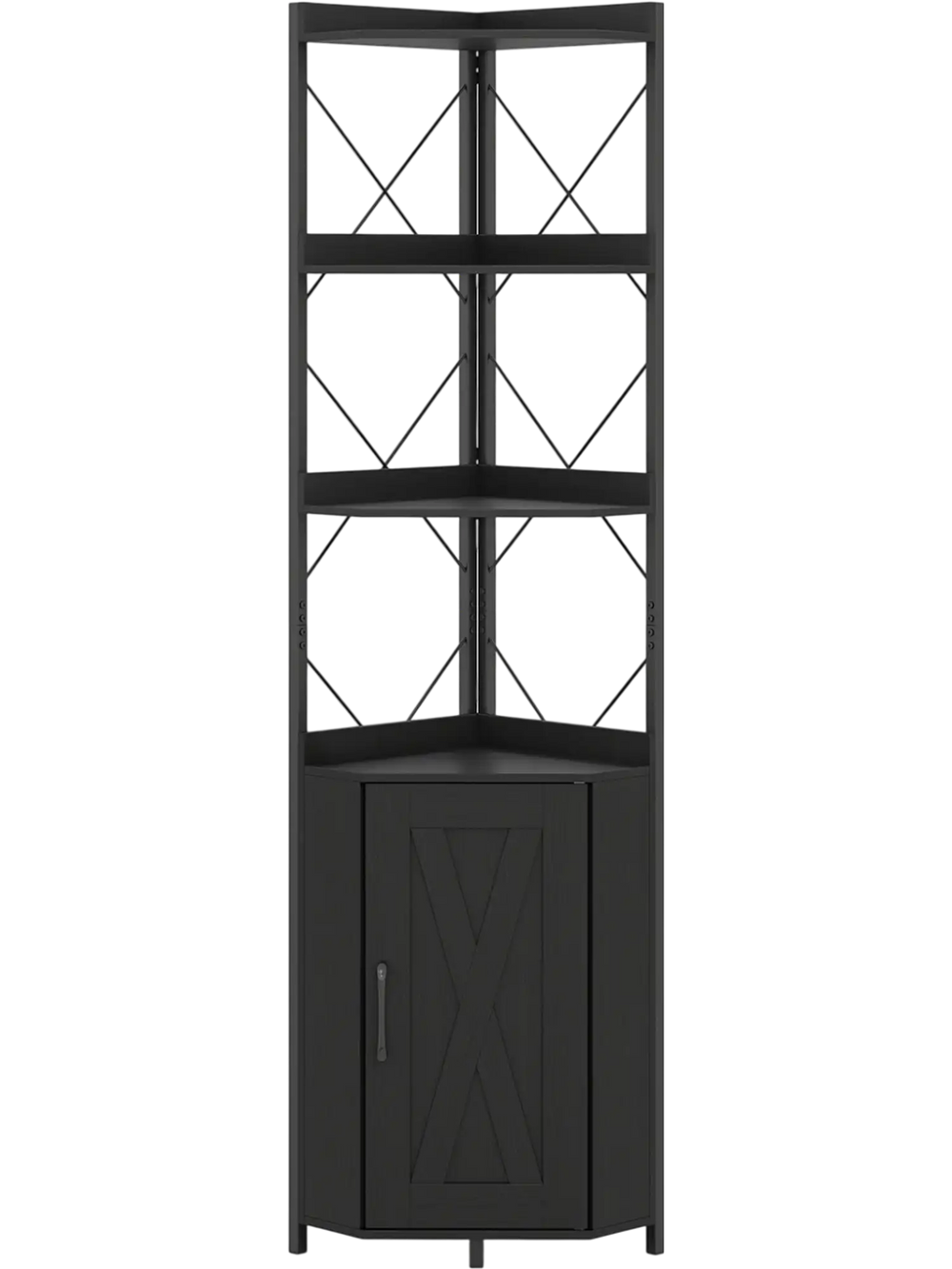 Freestanding black 6-tier bookshelf with cabinet, ideal for corner spaces, featuring a heavy-duty metal frame and X-shaped design.