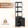 Dimensions of the 6-tier black bookshelf with cabinet, featuring a heavy-duty metal frame and space-saving design.