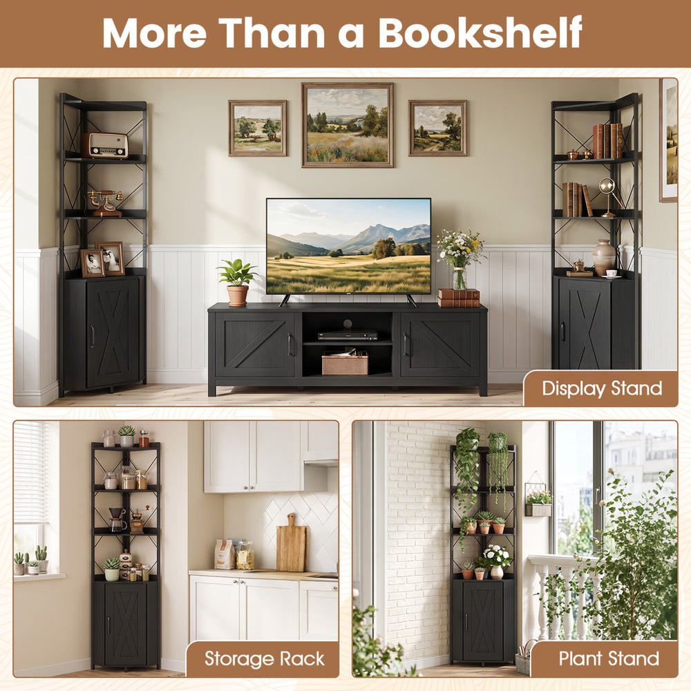Freestanding 6-tier black bookshelf with cabinet, ideal for organizing books and plants in a space-saving design.