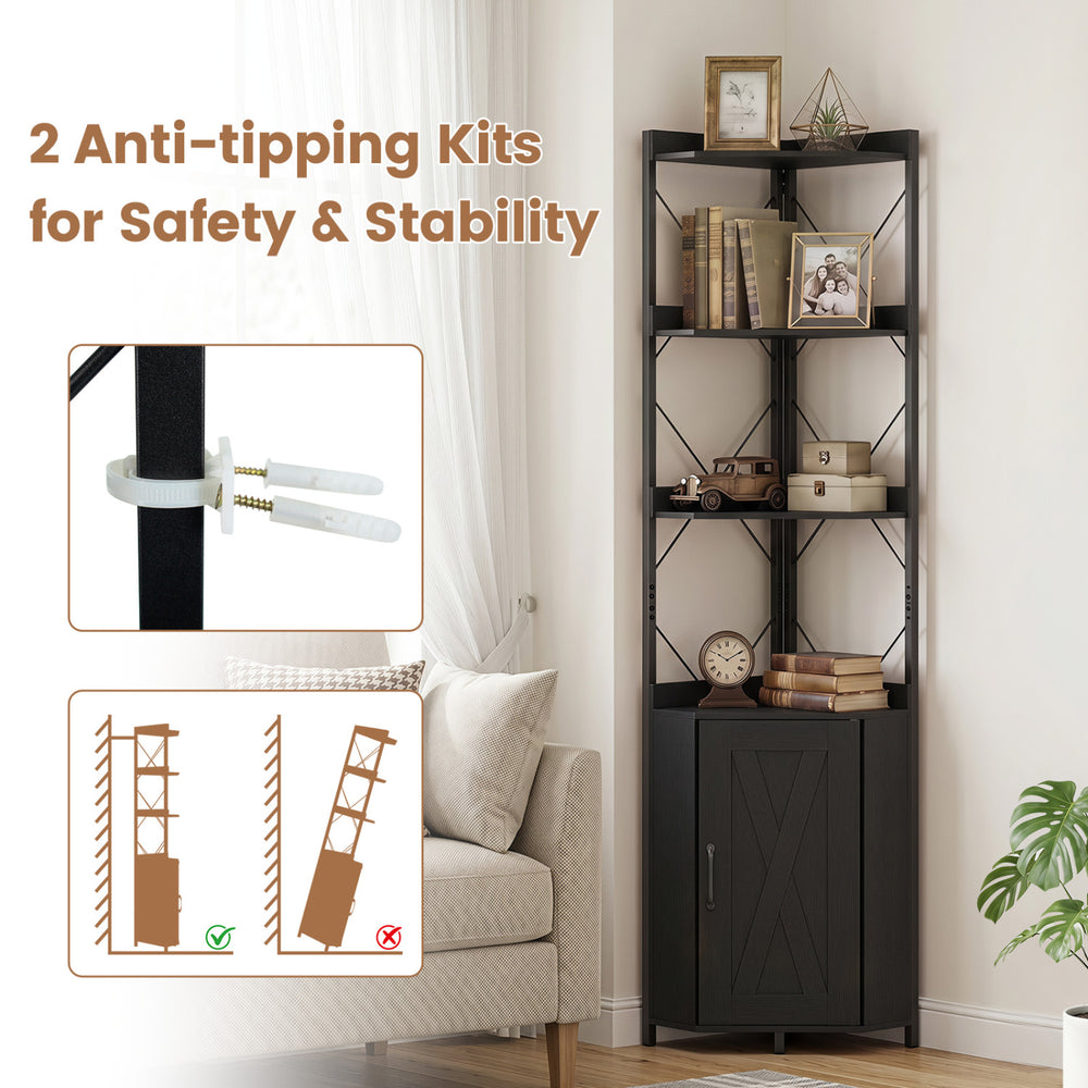 Freestanding 71" tall black bookshelf with 4 open shelves, cabinet, and anti-tipping kits for safety and stability.