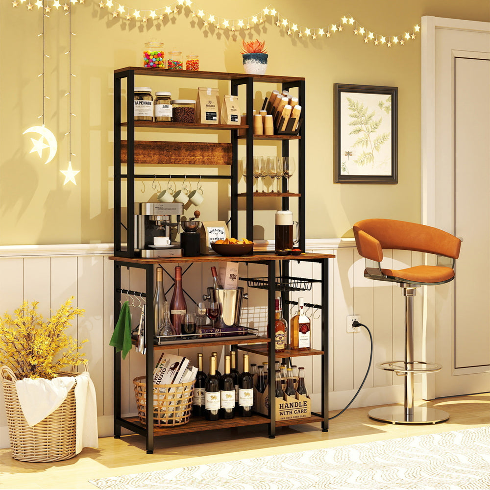 6-tier bakers rack in rustic brown with open shelves, power outlets, and S-shaped hooks for versatile kitchen storage.