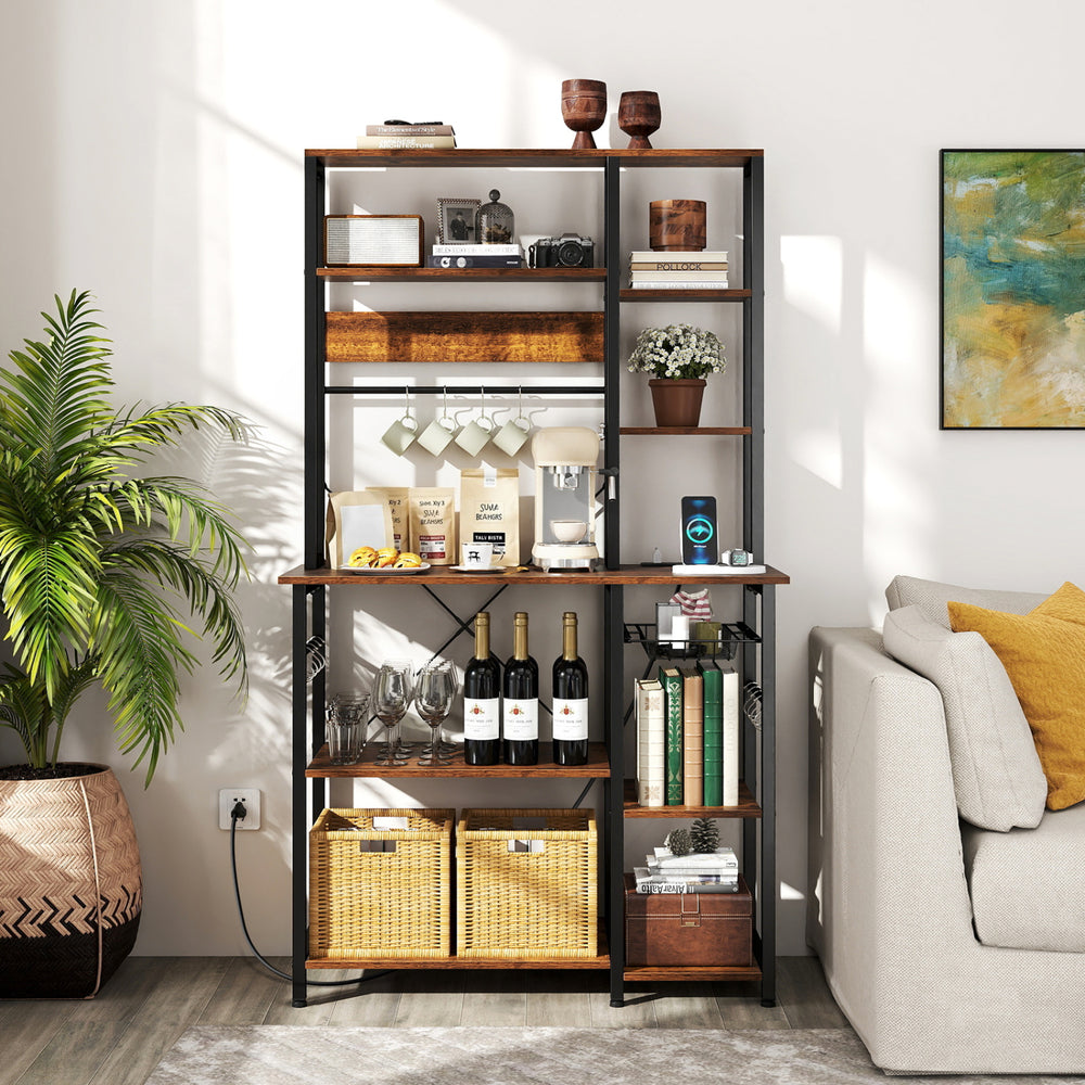 6-tier bakers rack with rustic brown wooden shelves, metal frame, and built-in power outlets for versatile kitchen.