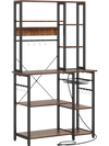6-tier bakers rack with rustic brown wooden shelves, metal frame, and built-in power outlet for kitchen convenience.
