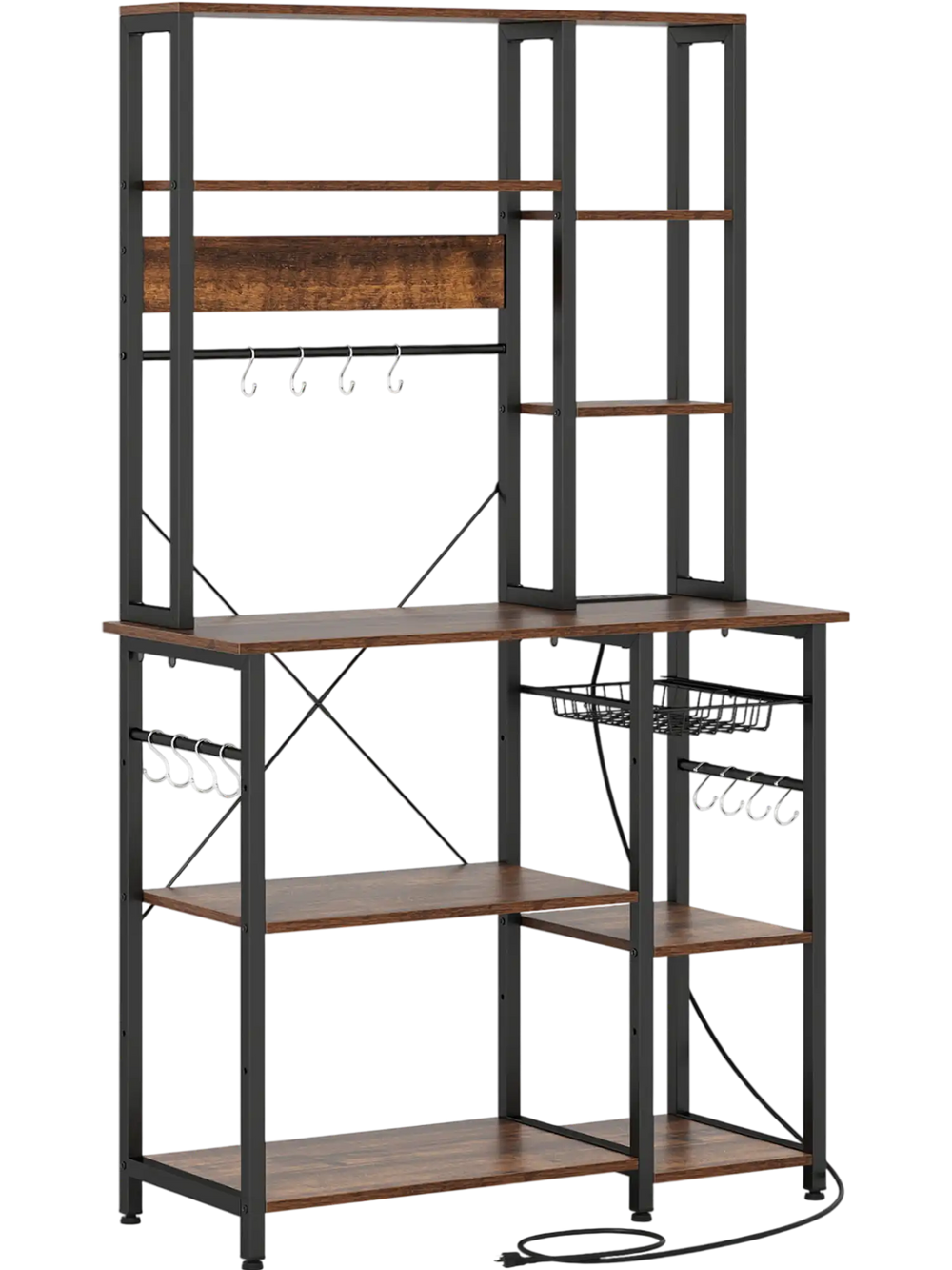 6-tier bakers rack with rustic brown wooden shelves, metal frame, and built-in power outlet for kitchen convenience.