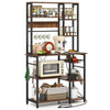 6-tier bakers rack with rustic brown wooden shelves, metal frame, and built-in power outlets for kitchen organization.