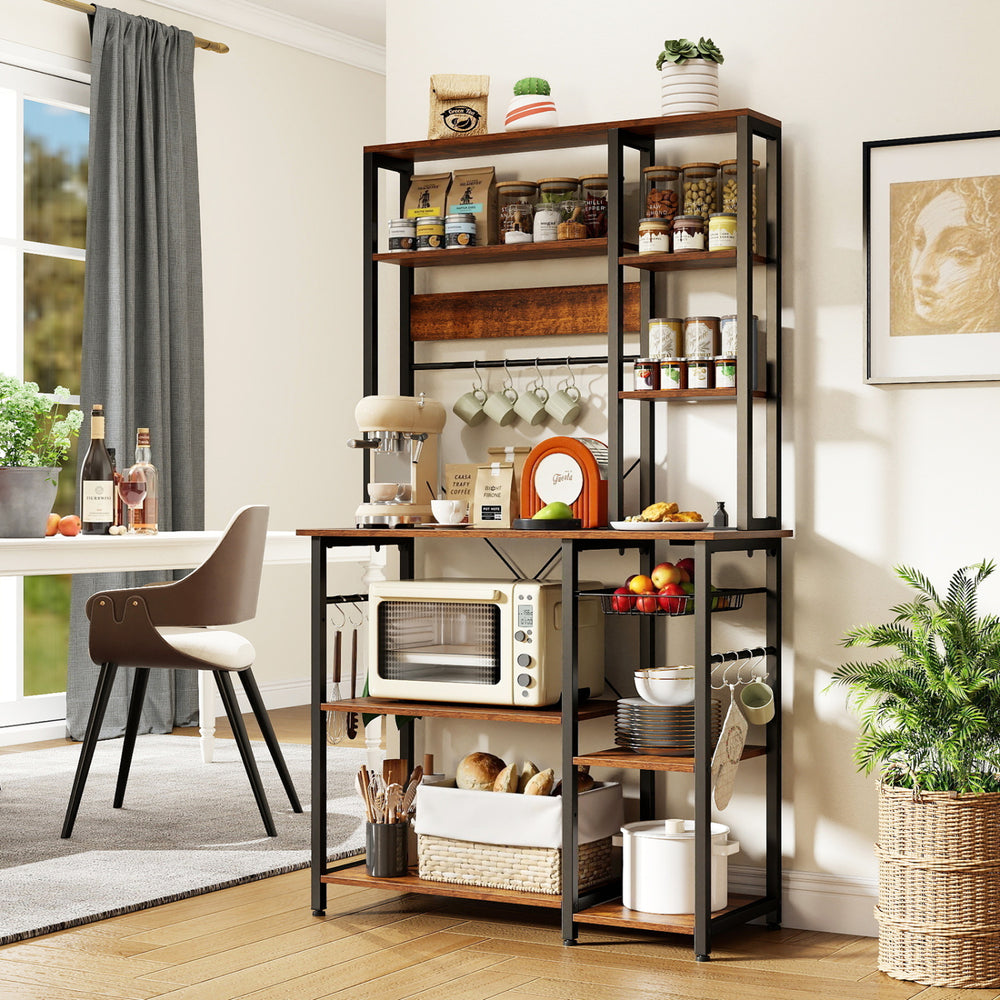 6-tier bakers rack with rustic brown wooden shelves, featuring AC outlets, hooks, and a pull-out fruit basket for.