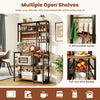 6-tier bakers rack in rustic brown with open shelves, 12 hooks, and pull-out wire basket for kitchen organization.