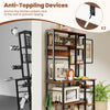 6-tier bakers rack with rustic brown shelves, anti-toppling devices, and built-in power outlets for kitchen convenience.