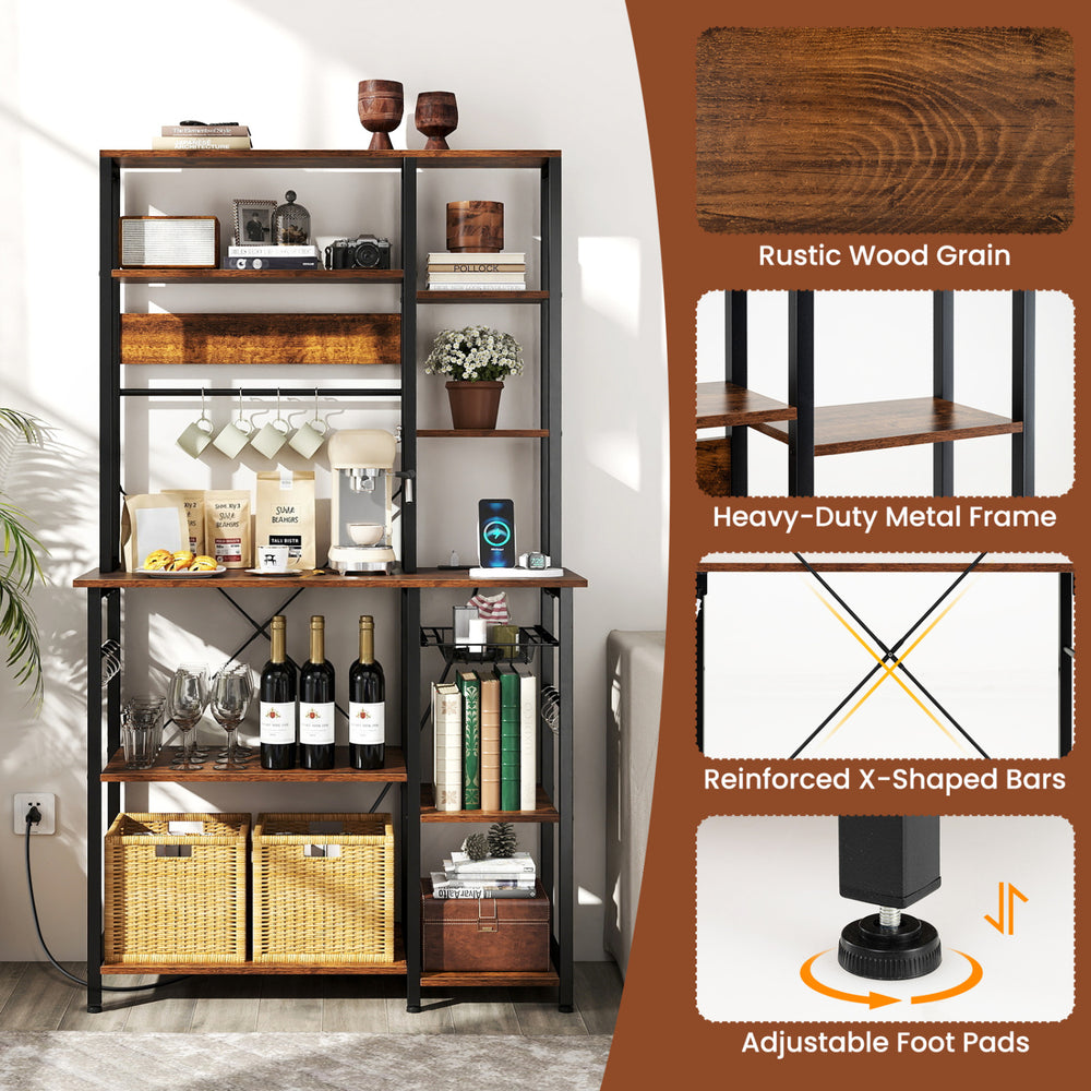 6-tier bakers rack with rustic wood grain, heavy-duty metal frame, and adjustable foot pads for kitchen organization.