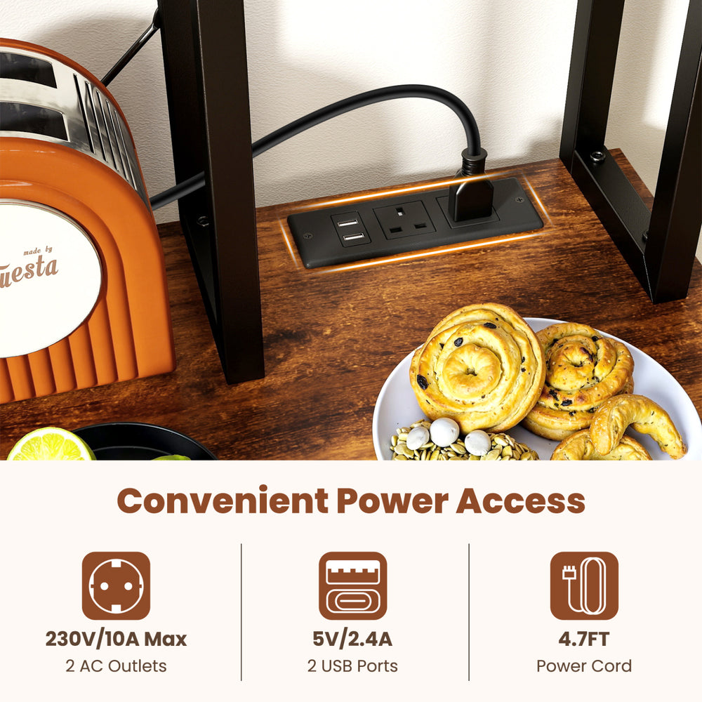 6-tier bakers rack with built-in power outlets, rustic brown finish, perfect for kitchen organization and charging.
