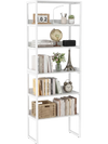 6-tier white bookshelf with metal frame and detachable shelves, featuring anti-tipping kits for secure wall mounting.