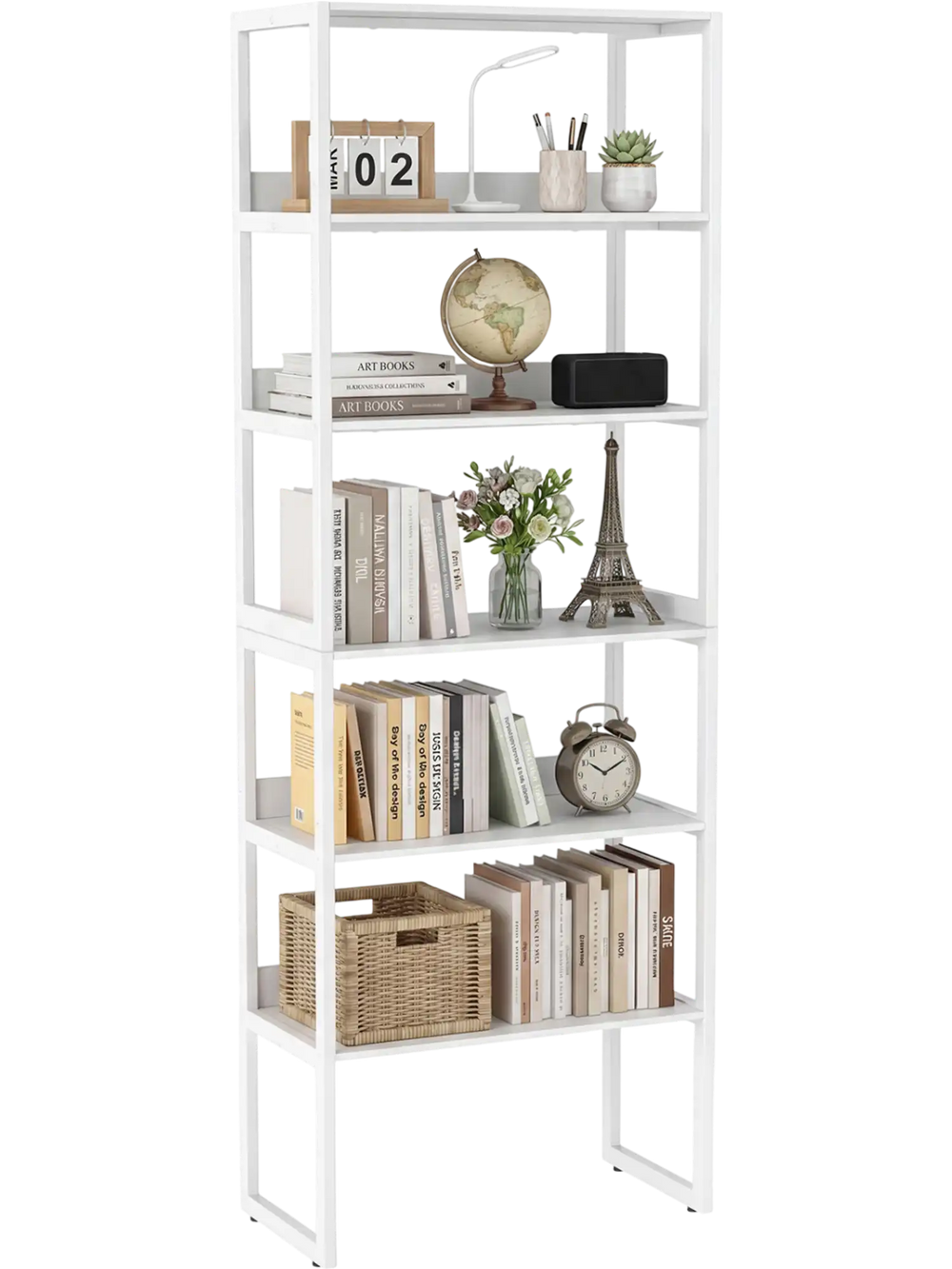 6-tier white bookshelf with metal frame and detachable shelves, featuring anti-tipping kits for secure wall mounting.