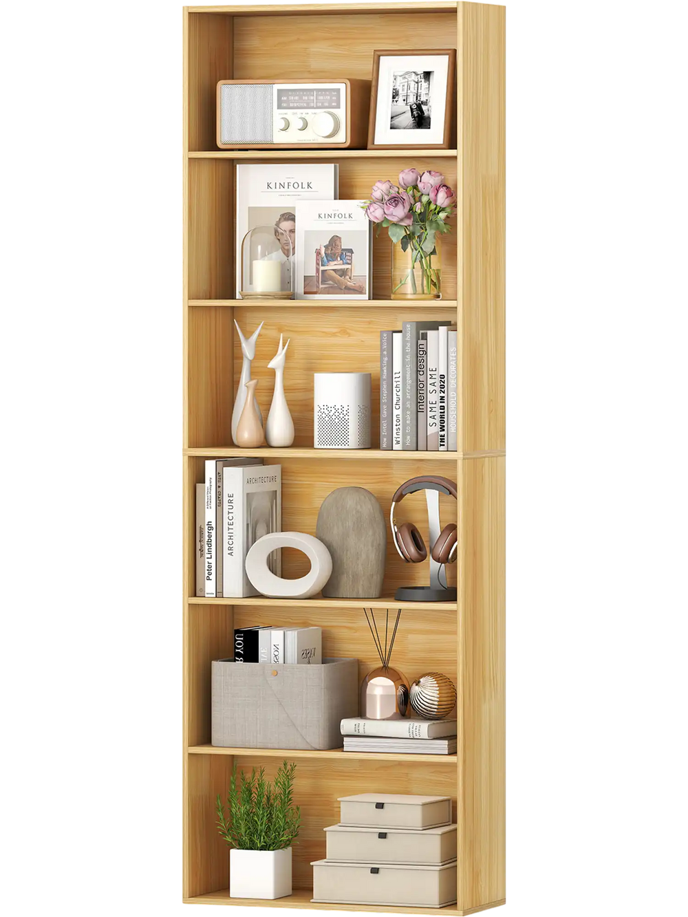 6-tier wood bookcase with open shelves, featuring anti-toppling kits, ideal for living room or office organization.