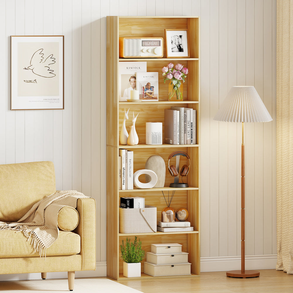 6-tier wood bookcase with open shelves, ideal for organizing books and decor in living room or office.