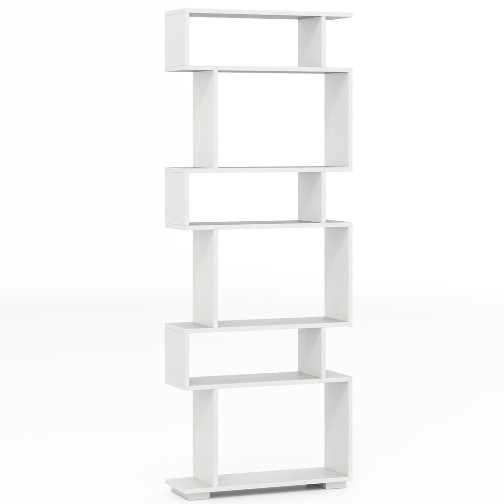 6-tier white bookcase with anti-tipping kit, featuring a tiered design for optimal organization in modern interiors.